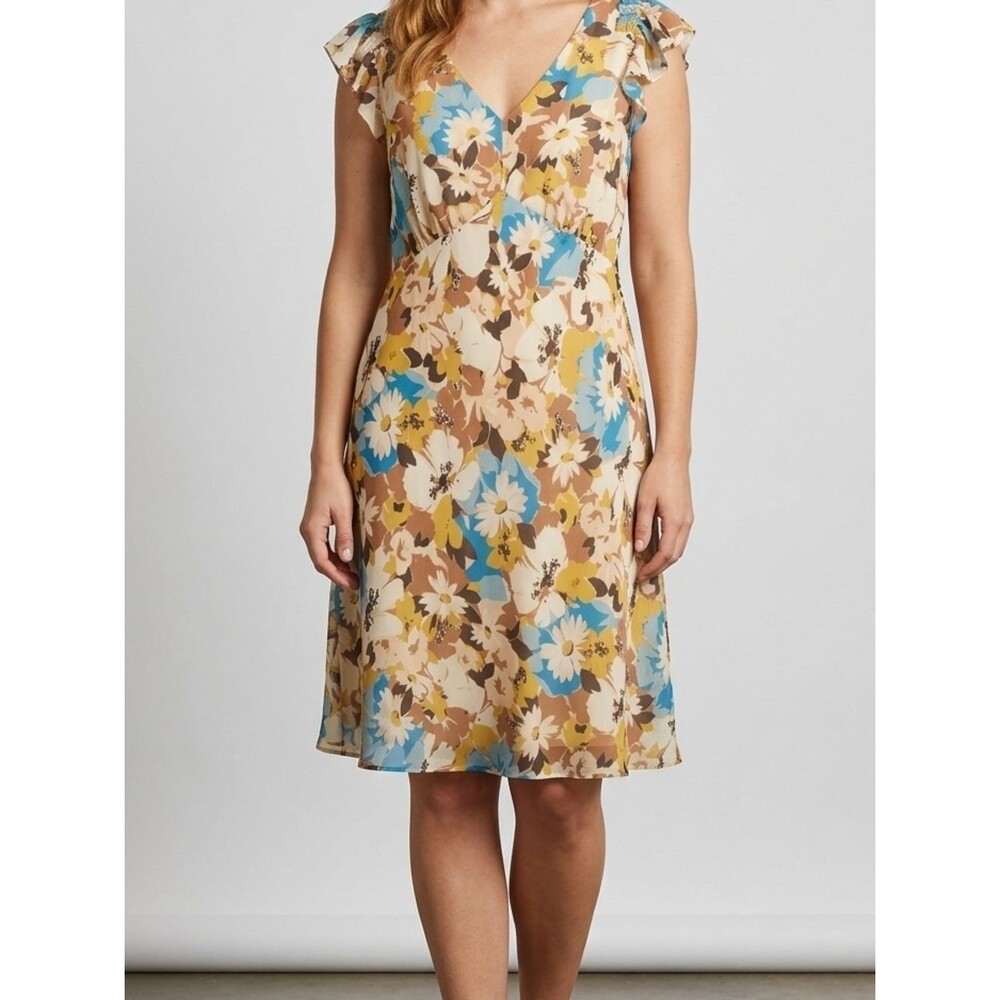 Lauren Ralph Lauren Cream Floral V-Neck Midi Dress with Blue & Yellow Flowers